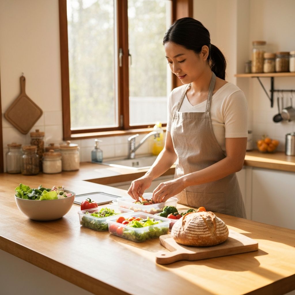 Person packing fresh lunch into containers in a home kitchen with natural light